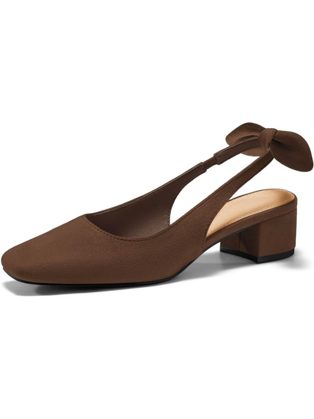 Women's Brown Faux Suede Chunky Low Heels Bow Slingback Closed Square Toe Pumps